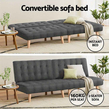 Artiss 2X Sofa Bed Lounge Chair | Convertible Recliner Faux Linen Grey Single Seater Couch Futon